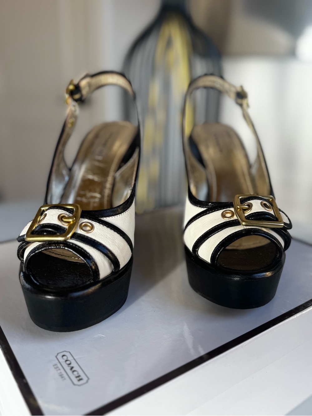 Coach Black & White Platform Slingback Sandals with Gold Buckles